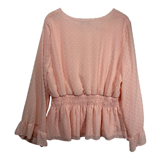 Fever Smocked Waist Long Bell-Sleeve Clip-Dot Blouse Top Pink Sz XL Cottagecore - Picture 6 of 12